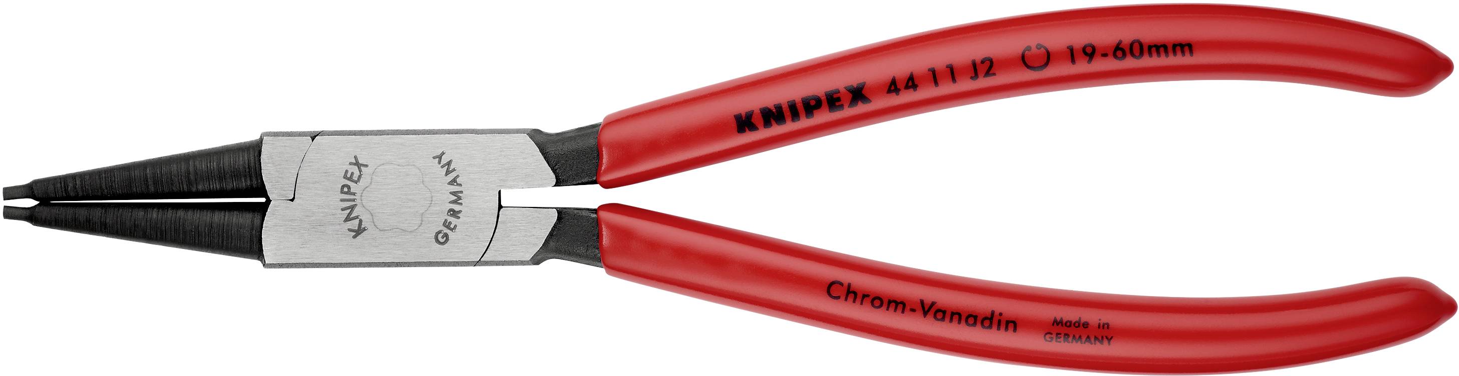 En rød sikringsringtang fra Knipex, modeltype 4411/2 fremstillet af krom-vanadium-stål, velegnet til indvendige sikringsringe i størrelsesintervallet 19-60 mm.