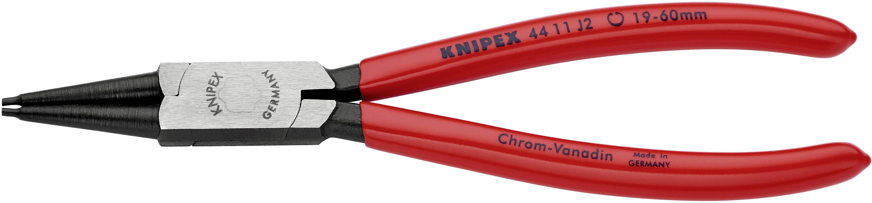 En rød sikringsringtang med sort spids, hvorpå der står betegnelsen 'KNIPEX 4411/2 19-60mm'. Egnet til indvendige ringe.