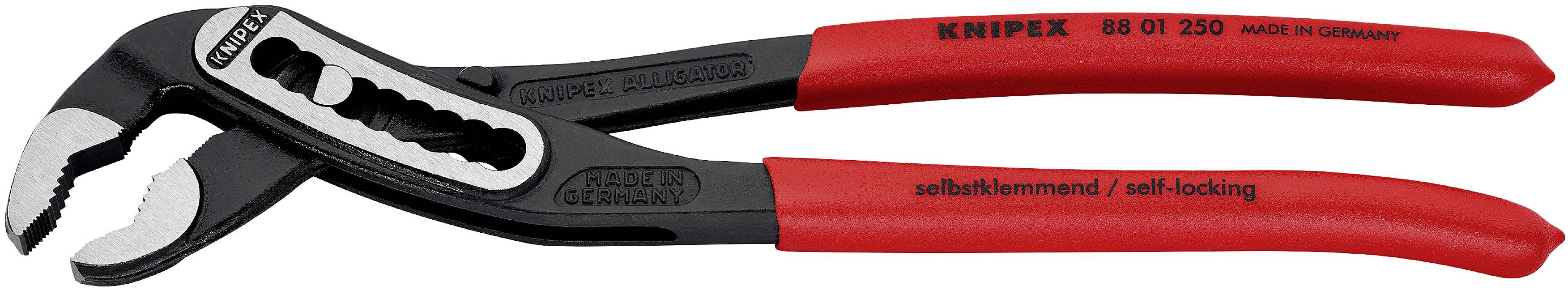 En vandpumpetang med røde greb og sort hoved, mærke Knipex, model 88 01 250, fremstillet i Tyskland.