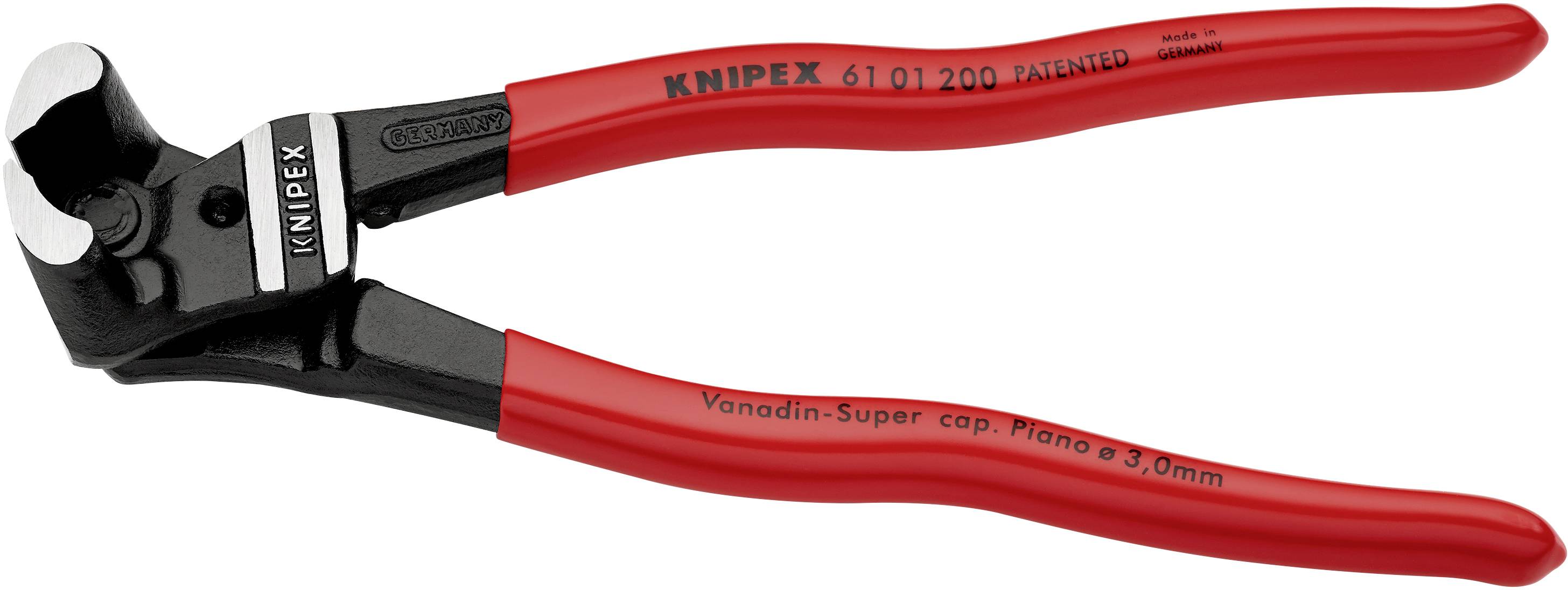 Rød rørtang fra Knipex, modelnummer 6101200, med ergonomiske greb, egnet til at klippe ledninger op til 3 mm.