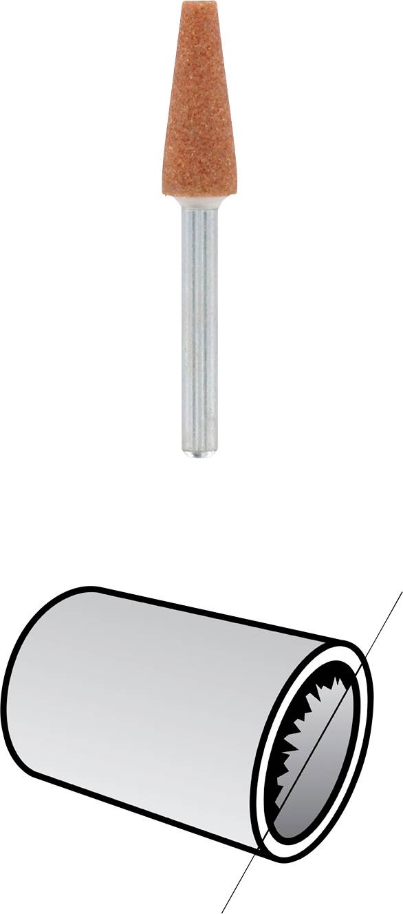 'Illustration af et slibningskegls form og skematisk fremstilling af en cylinder med tandet indvendig overflade.'