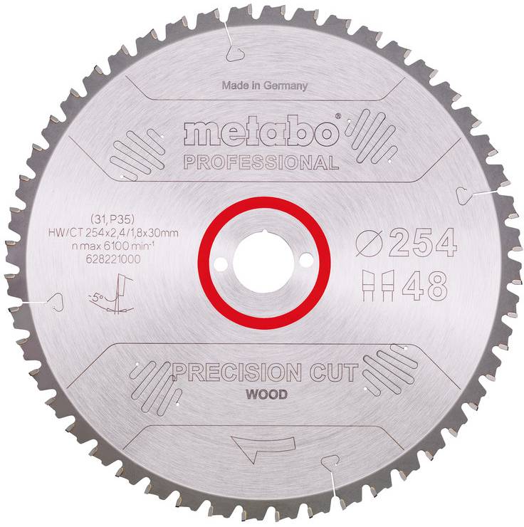 Metabo PRECISION CUT WOOD - PROFESSIONAL 628221000 Blad til rundsav i hårdtmetal 254 x 30 x 1.8 mm Antal tænder (per tomme): 48 1 stk