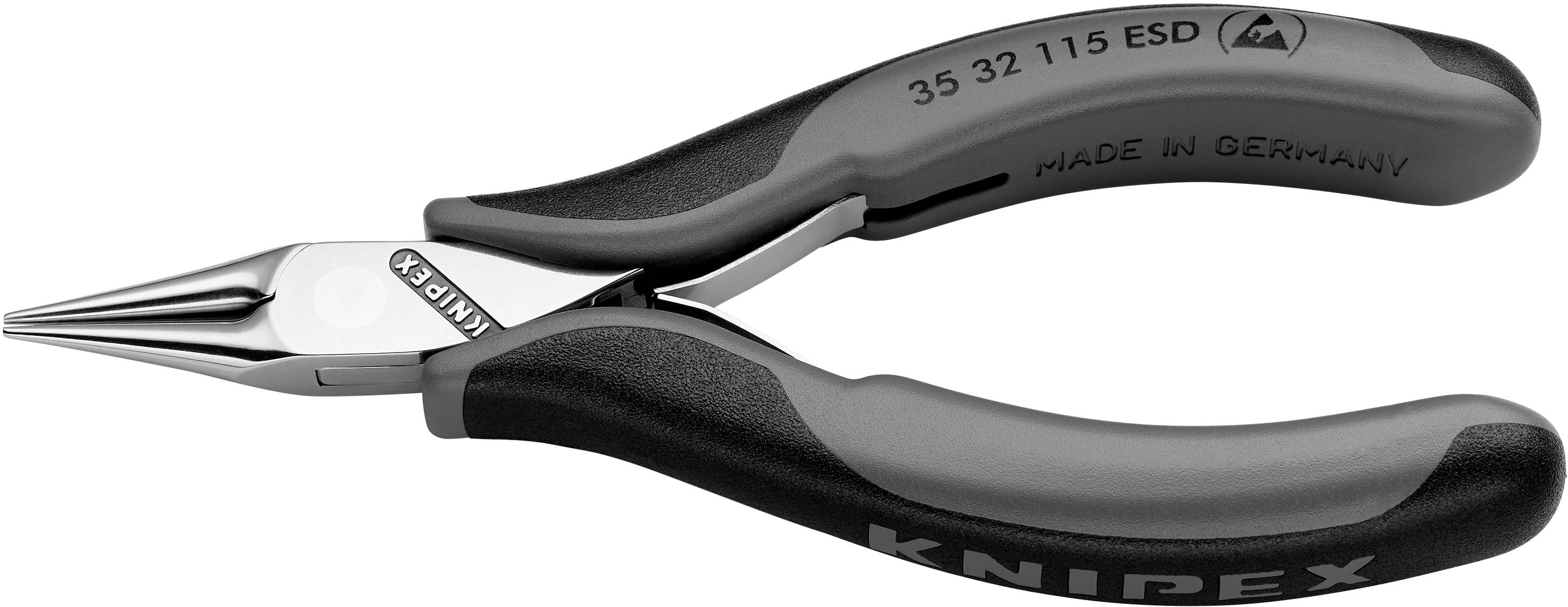 En sort-grå elektroniktang fra Knipex, modeltype "35 32 115 ESD", med påskriften 'Made in Germany'.