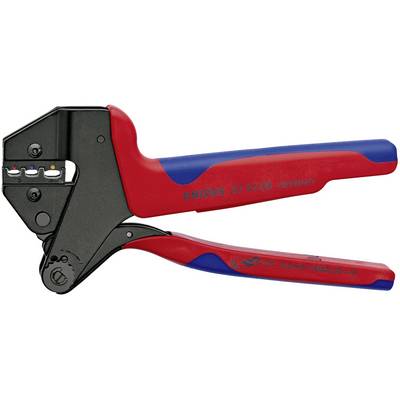 En rød og blå crimptang fra mærket Knipex, model 97 43 06, til kabelstød fra 0,5 til 16 mm².