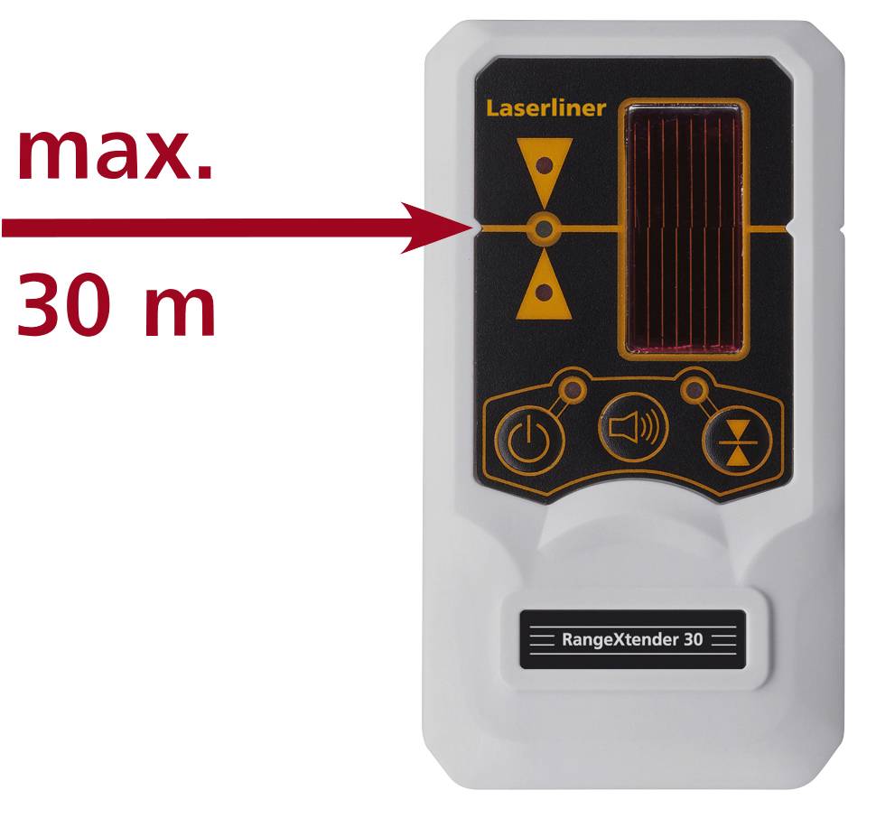 'Laserliner RangeXtender 30' på hvid baggrund. En pil peger på enheden med teksten 'maks. 30 m'.