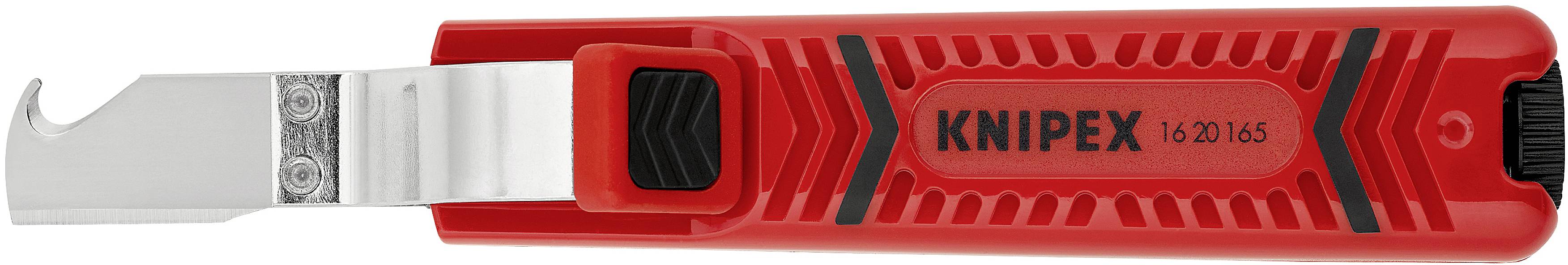 Et rødt, handy kabelafisoleringsværktøj fra KNIPEX med en skarp klinge til præcis afmantling af kabler.