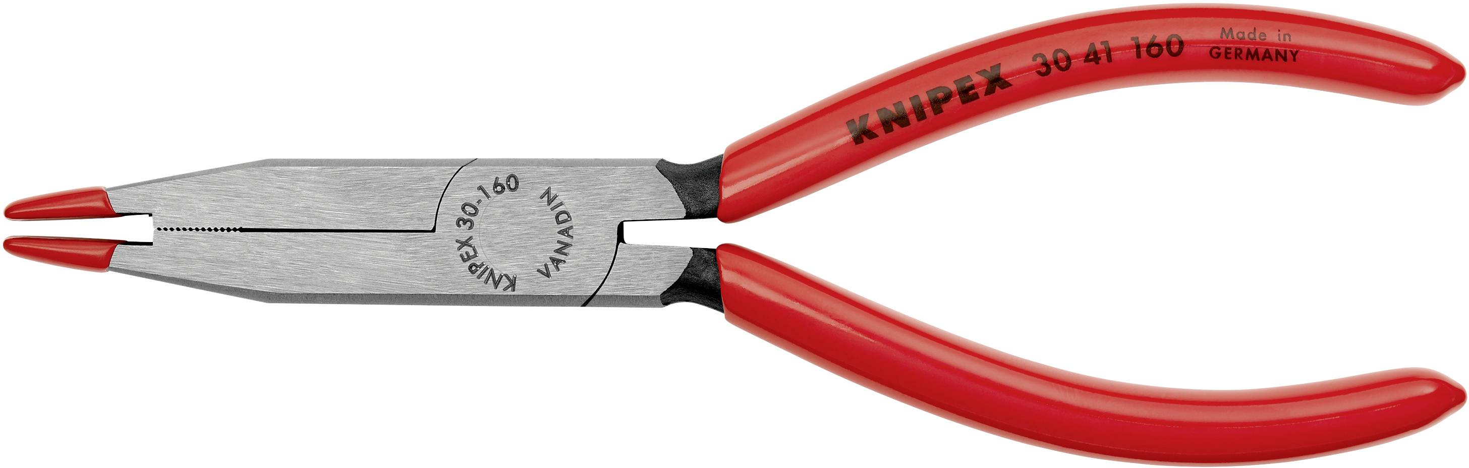 Rød KNIPEX-tang med rette kæber og glatte gribeflade, egnet til arbejde på følsomme overflader.