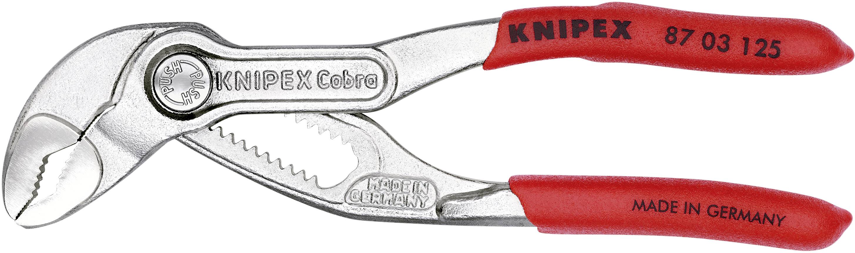 Vandpumpetang med røde greb, mærket med 'KNIPEX Cobra' og 'MADE IN GERMANY'. Modelnummer 87 03 125 er synligt.