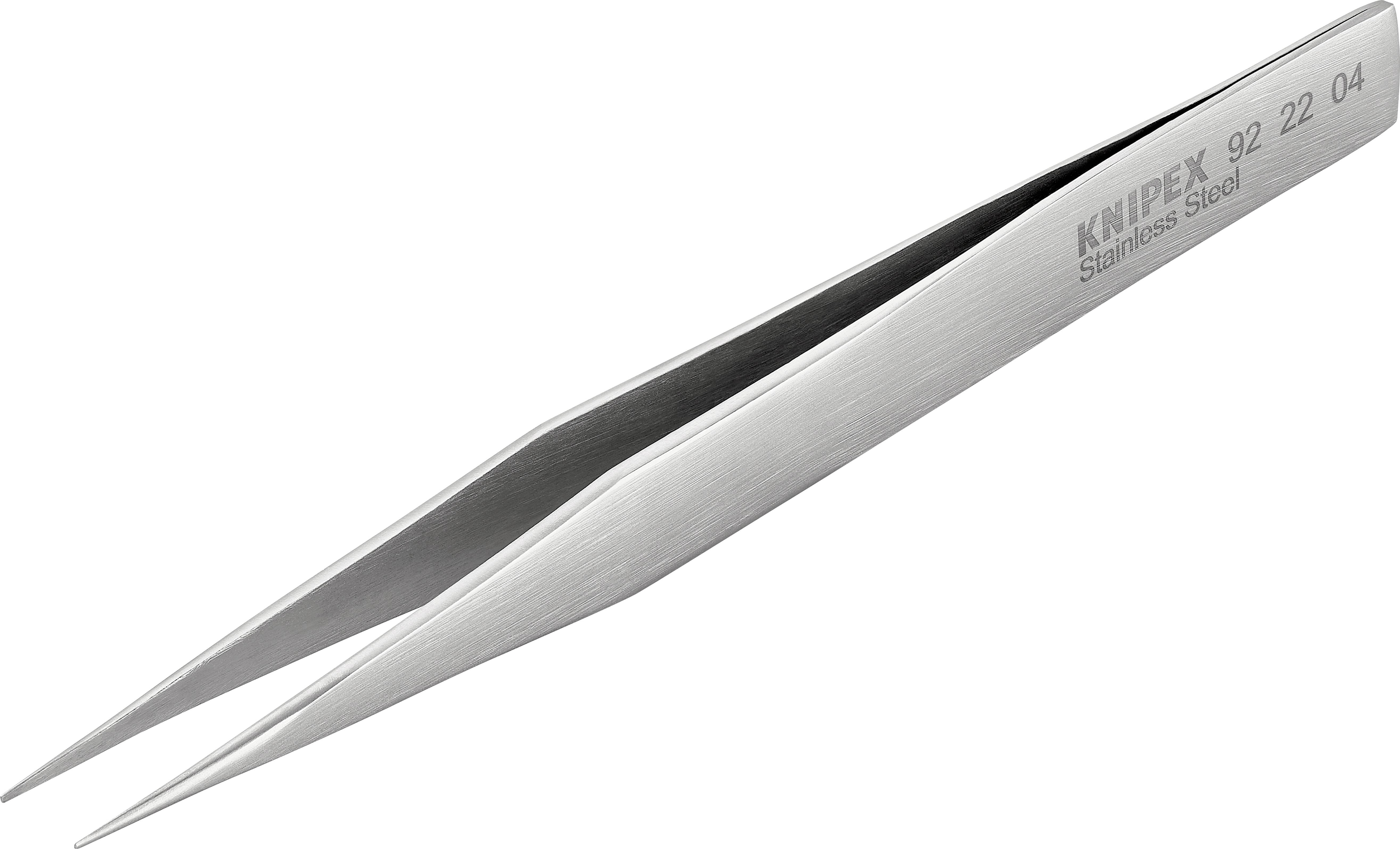En spids, sølvfarvet pincet i rustfrit stål ligger diagonalt. På grebet er 'Knipex' og en talrække trykt.