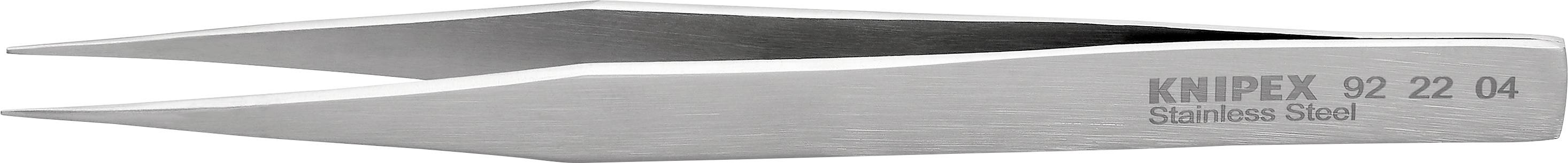 Sølv præcisionspincet i rustfrit stål, vist fra siden, med påskriften 'Knipex 82 22 04 Rustfrit stål'.