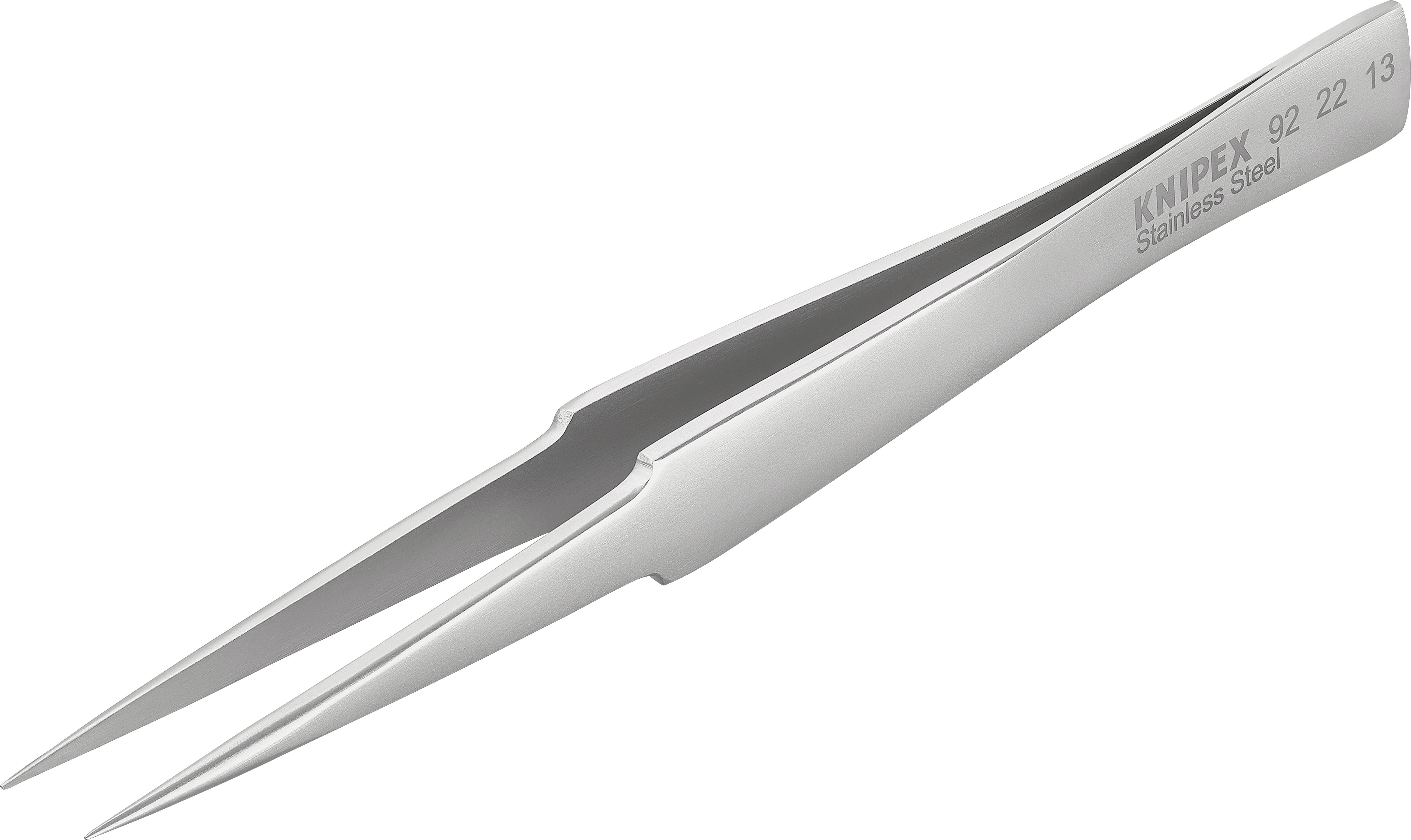 Sølvfarvet rustfri pincet med skarpe, spidse ender, hvor 'KNIPEX Stainless Steel' er præget ind.