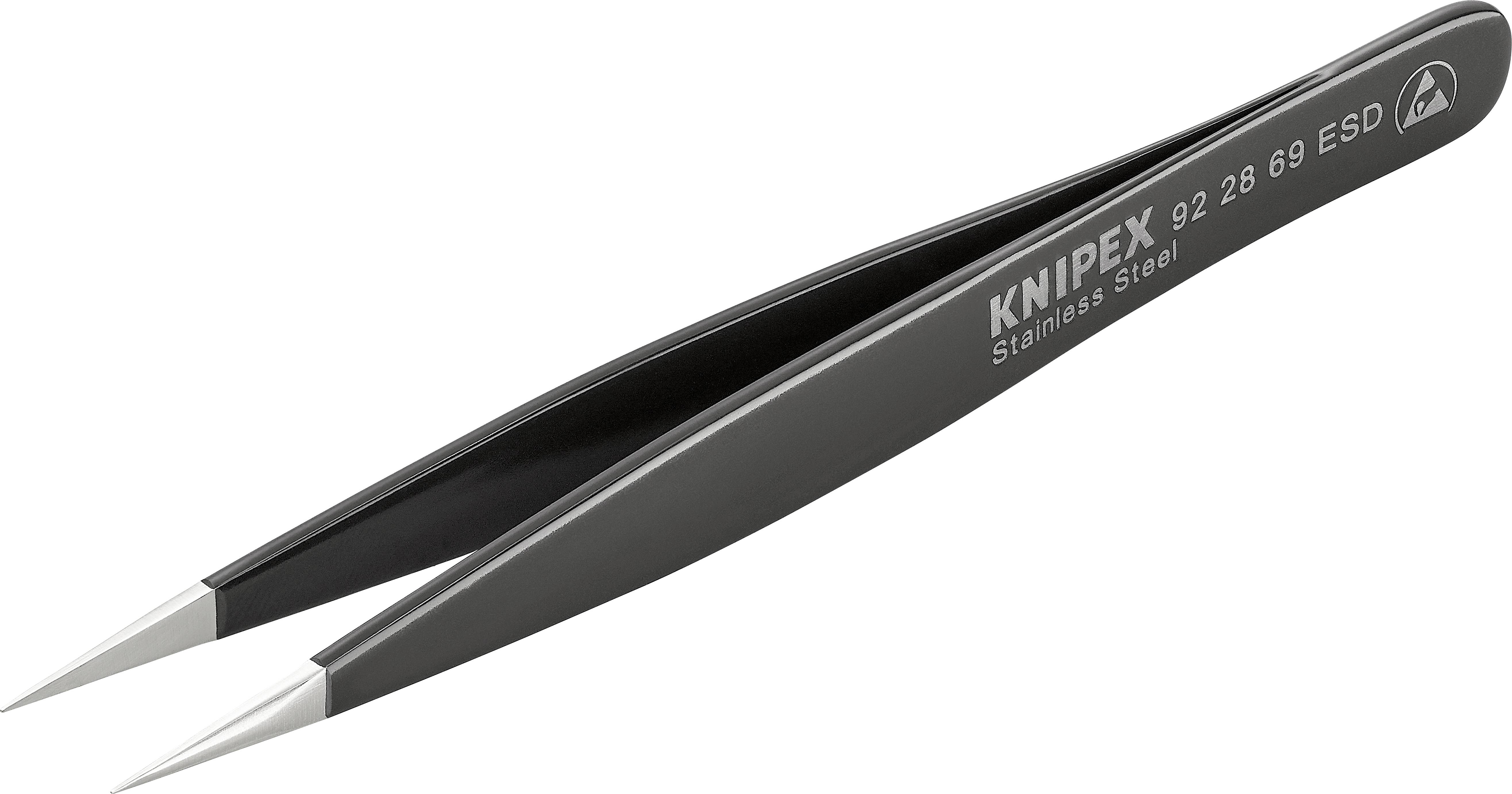 Pincet i rustfrit stål med spidse spidser. Påskrift: 'Knipex 92 28 69 ESD, Rustfrit stål' på siden.