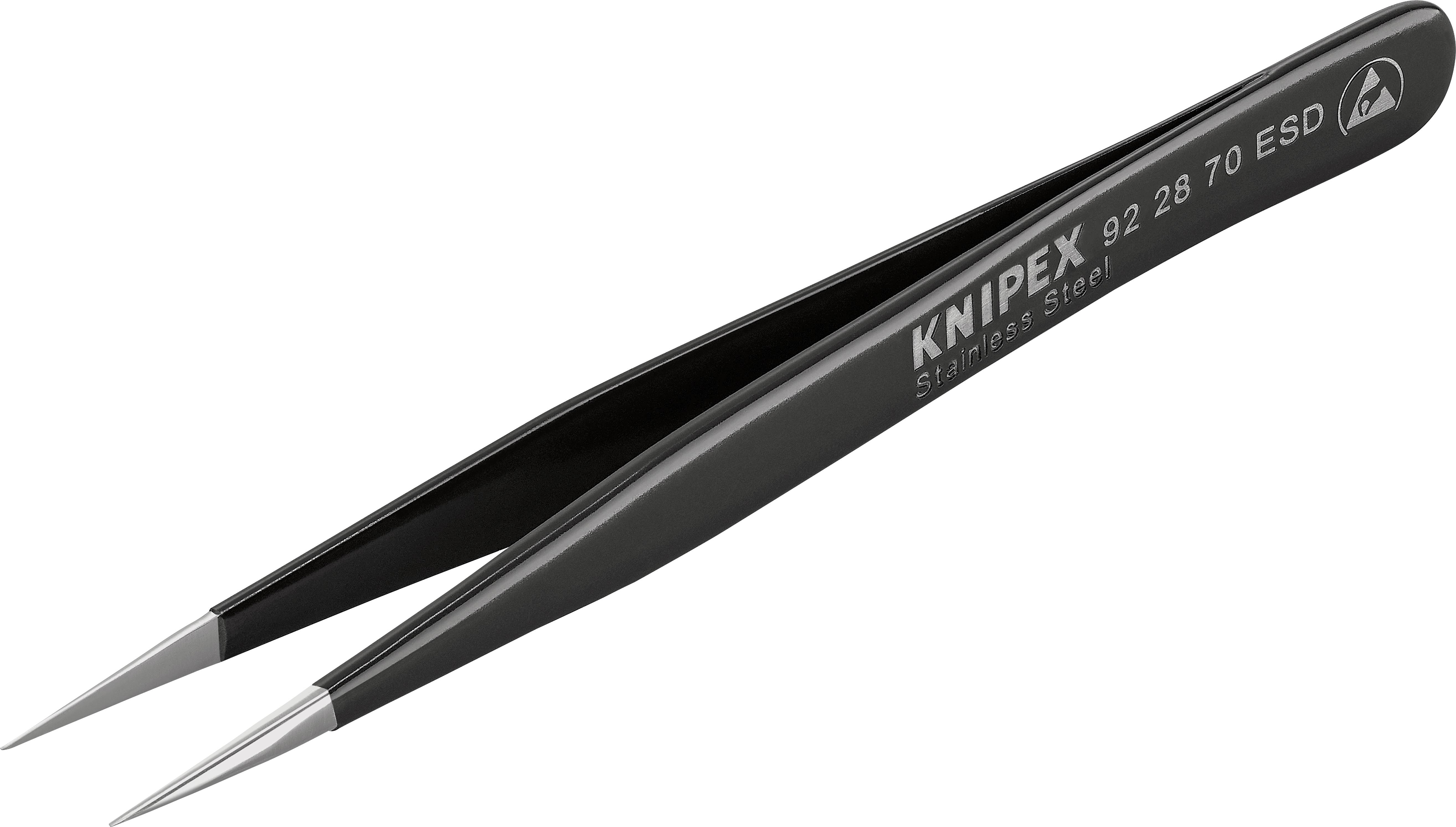 En sort Knipex-præcisionspincet lavet af rustfrit stål med påskriften '92 28 70 ESD', bruges til fine manipulationer inden for elektronik.
