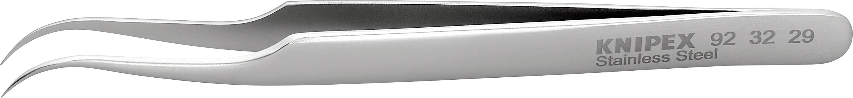 En spids rustfri stålpincet med påskriften 'KNIPEX Stainless Steel 92 32 29', egnet til præcis greb om små objekter.