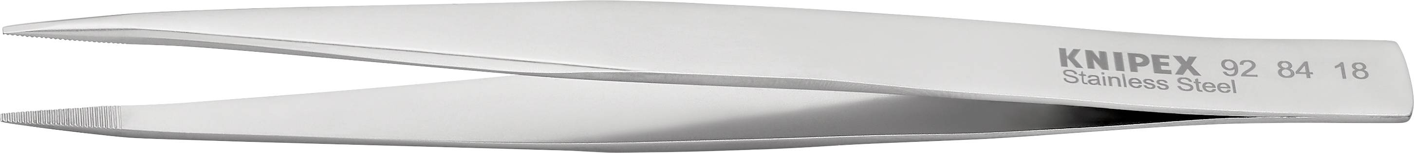 En spids pincet i rustfrit stål med påskriften 'KNIPEX 92 04 18 Rustfrit stål' på siden.