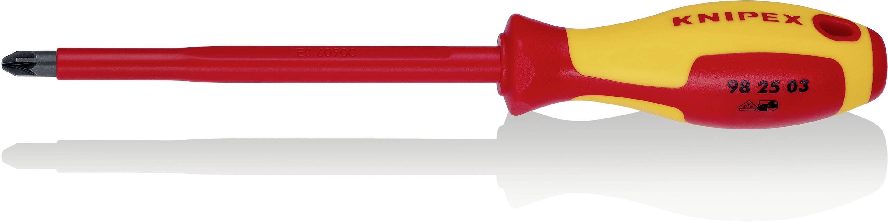 En isoleret skruetrækker med rød og gul håndtag, mærket 'Knipex', egnet til arbejde med elektriske apparater.