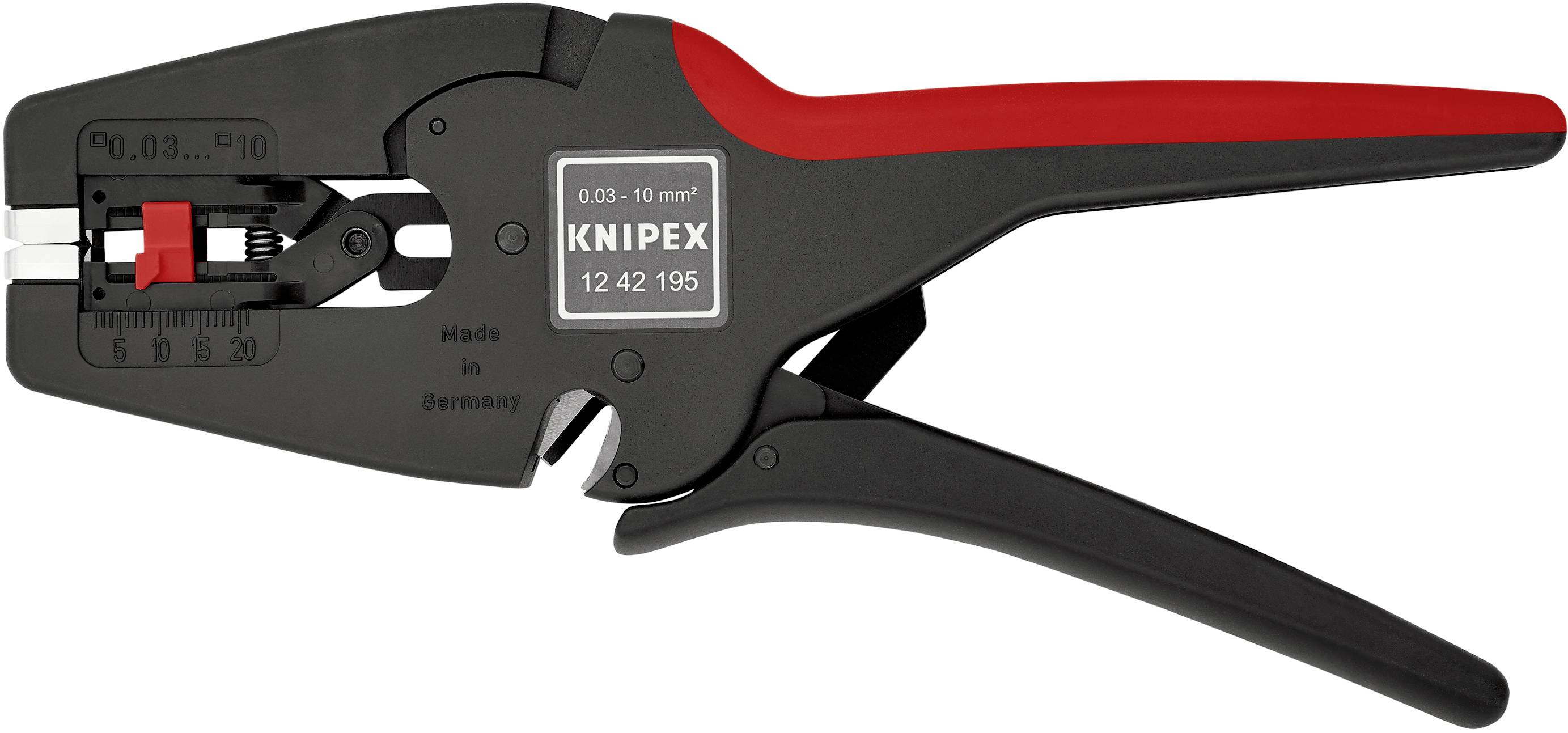 Automatisk afisoleringstang fra Knipex, med sorte og røde greb, egnet til kabler med tværsnit fra 0,03 til 10 mm², fremstillet i Tyskland.