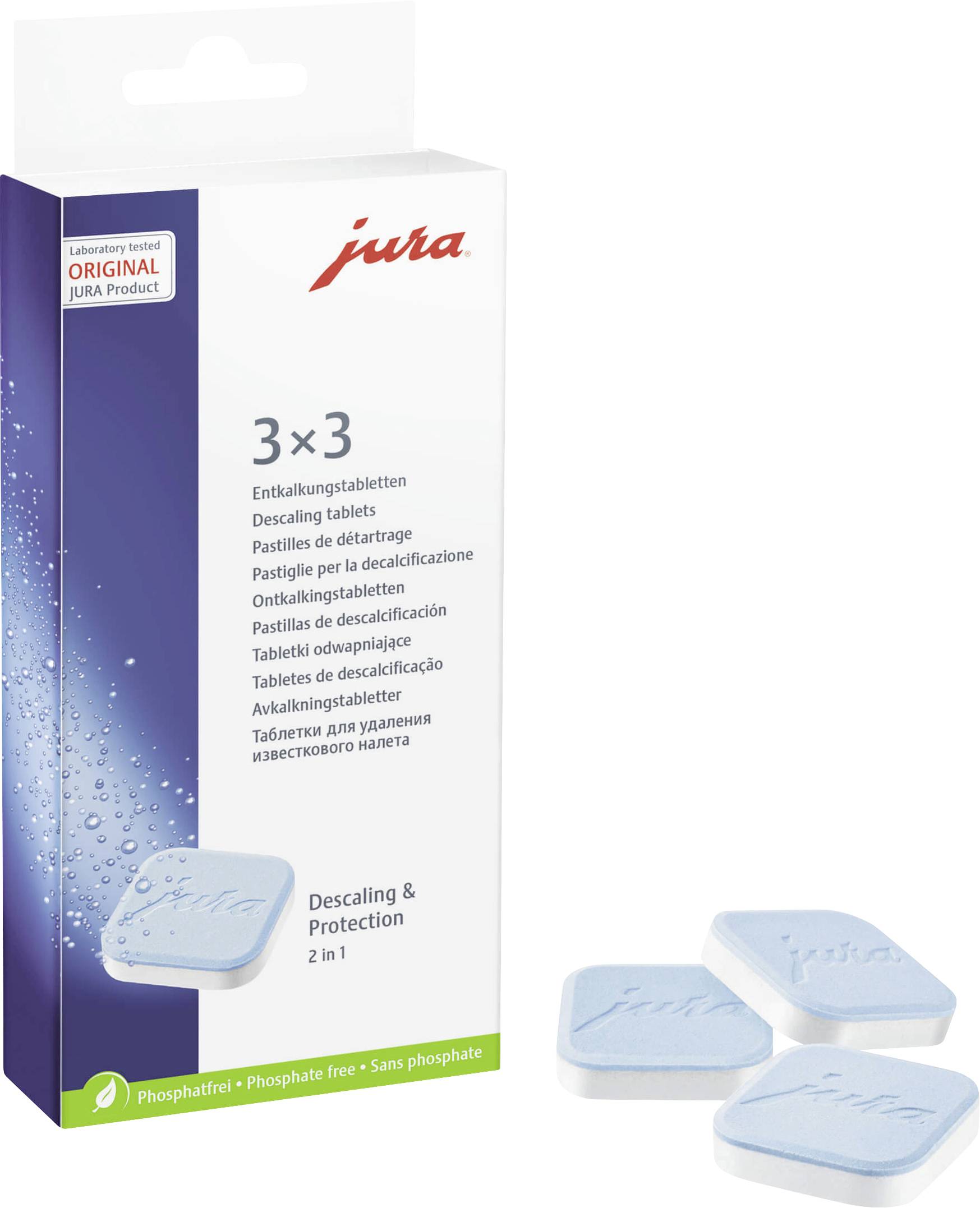 Pakke med Jura afkalkningstabletter, 3x3 tabletter. Til fjernelse af kalkaflejringer i kaffemaskiner.