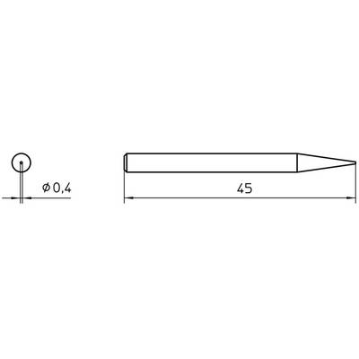 Teknisk tegning af en spids cylinderstift. Diameter: 0,4 mm. Længde: 45 mm.