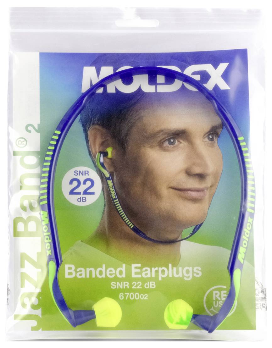 Emballage til Moldex Jazz Band 2 Bandede Ørepropper, viser SNR 22 dB. Billede af en person, der bærer ørepopperne, er fremstillet.