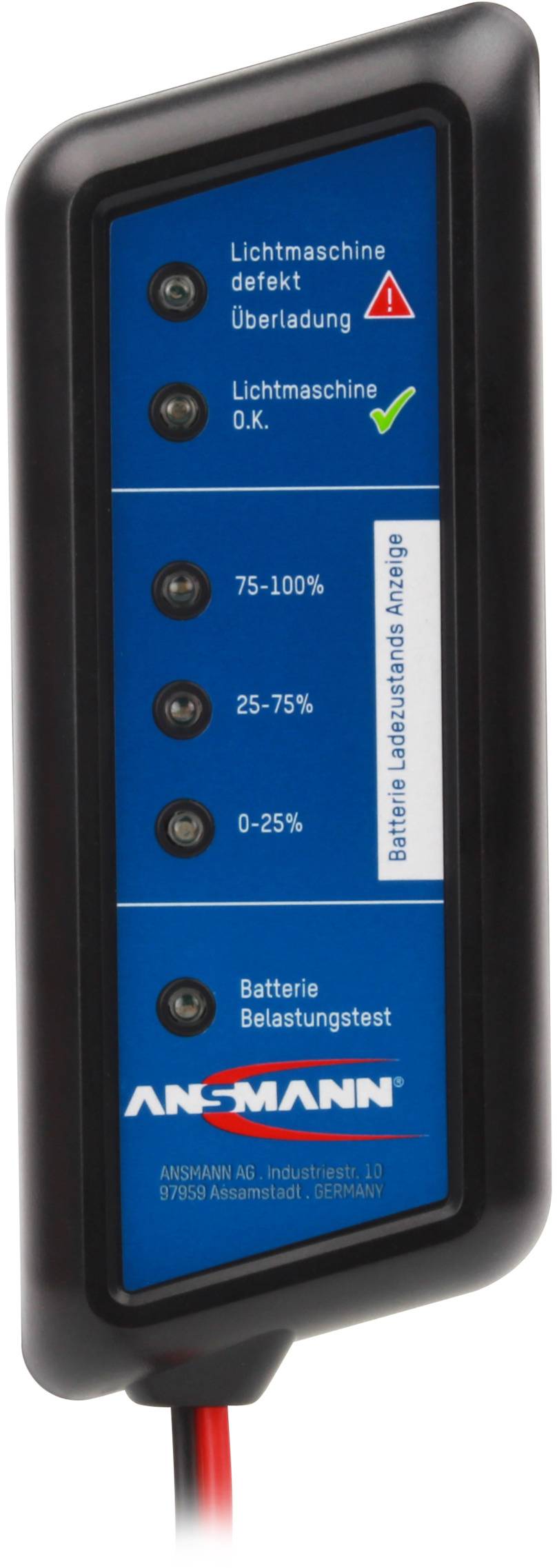 Kompakt testudstyr med fem LED'er til visning af batteristatus og generatorfunktion, egnet til 12V-batterier.