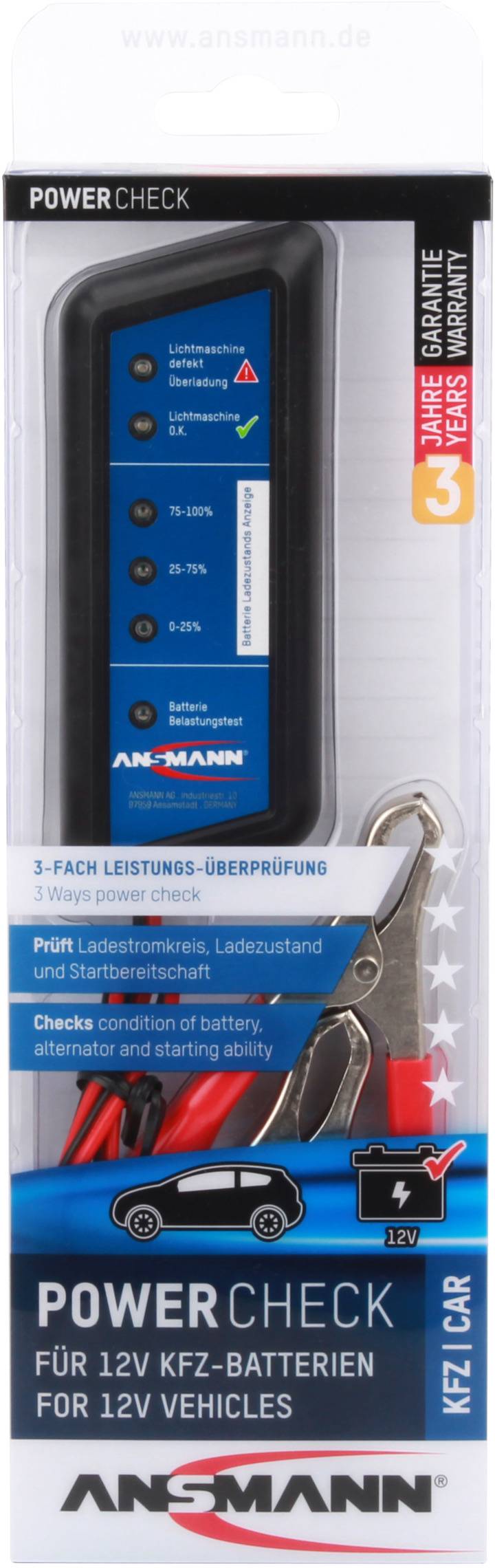 'Power Check'-apparat til kontrol af 12V bilbatterier, med opladningstilstandsvisning og statuskontrolfunktion, inklusive garantioplysninger.