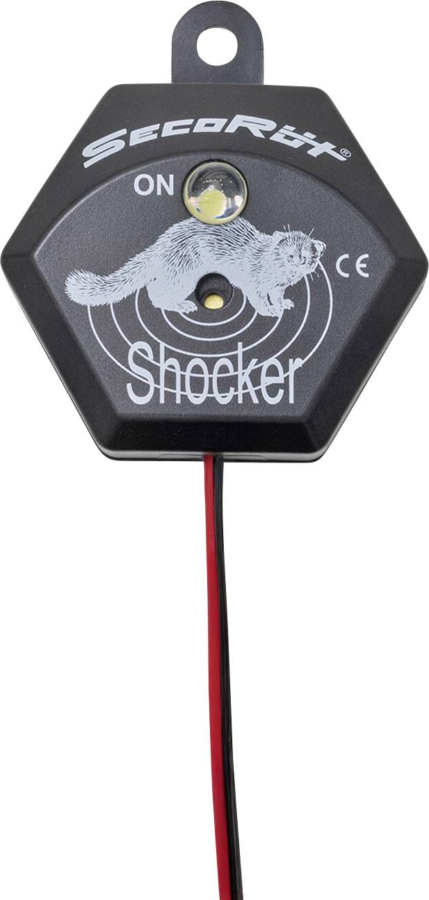 En sekskant formet enhed med påskriften 'Shocker', som viser et dyr på et mål. Øverst står 'SecoRüt', nederst røde og sorte kabler.