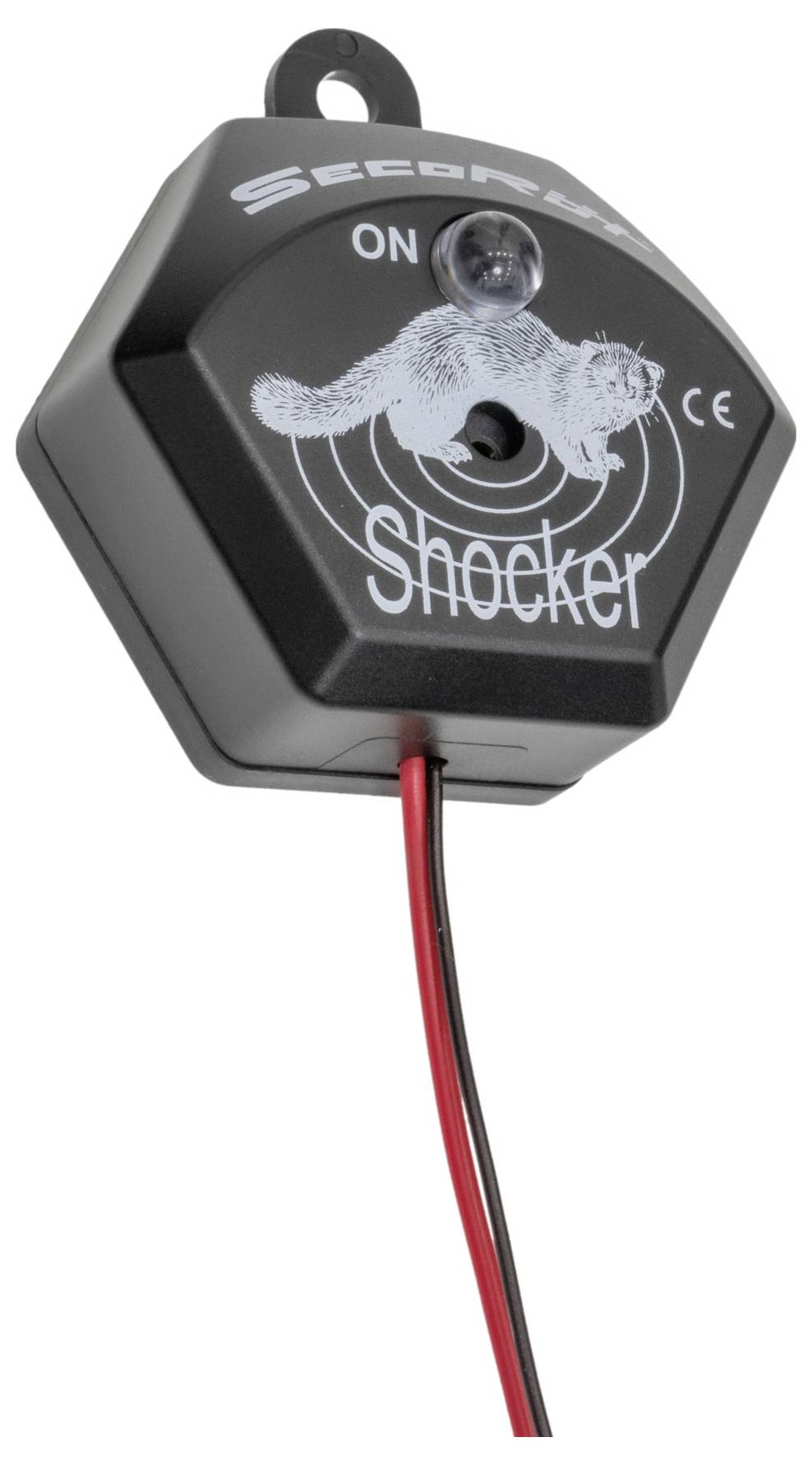 En sekskandet enhed med påskriften 'Shocker', et billede af et dyr og en kontakt med positionerne 'TIL' og 'FRA'.