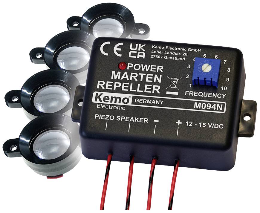 'Kemo Electronic M094N Mus- og mårderafværgemiddel, frekvensjustering, med fire højttalere, egnet til udendørs brug.'