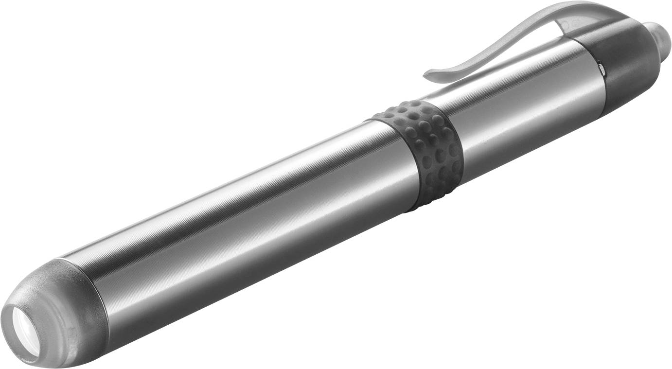En grå, metallisk pen med clips og en gummeret grebsflade ligger på en hvid baggrund.