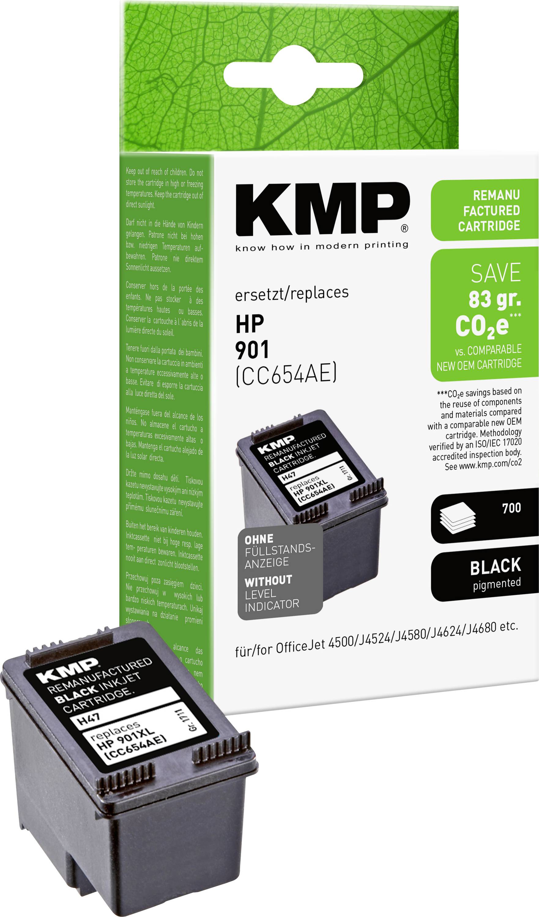 KMP genfremstillet sort blækpatron til HP 901-printere, vist med sin boksemballage og patronen afbildet foran.