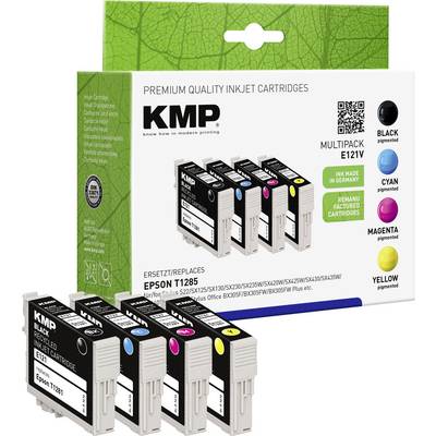 Flerfarvede emballage til KMP blækpatroner, Multipack E121V, erstatter Epson T1285, indeholder blæk i sort, cyan, magenta og gul.
