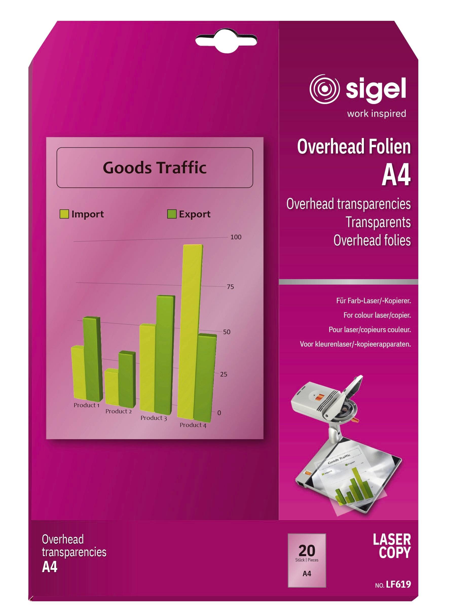 Pink Sigel A4 overhead transparent film pakke med 'Goods Traffic' eksempel diagramm, mærket til laserkopiering og overhead transparenter.