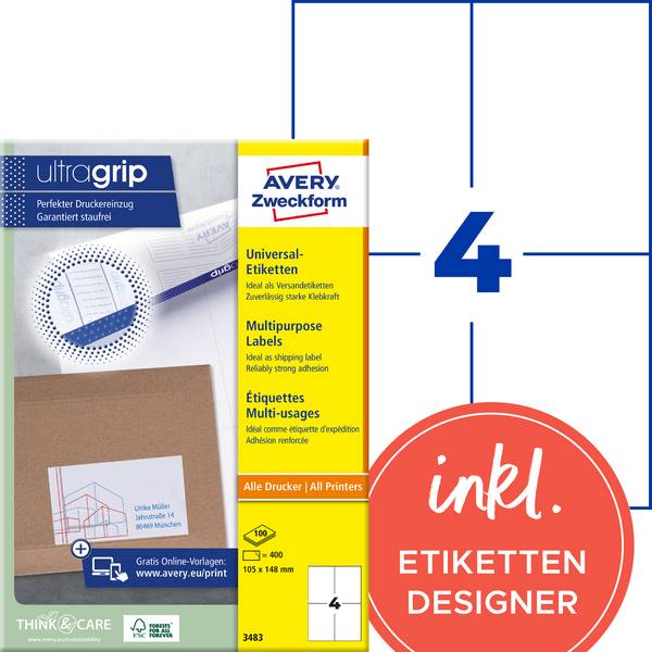 Avery-Zweckform 3483 Universelle etiketter 105 x 148 mm Papir Hvid 400 stk Permanent vedhæftningsevne Inkjetprinter, Laserprinter, Farvelaserprinter, Kopimaskine, Farvekopimaskine, Håndskrift