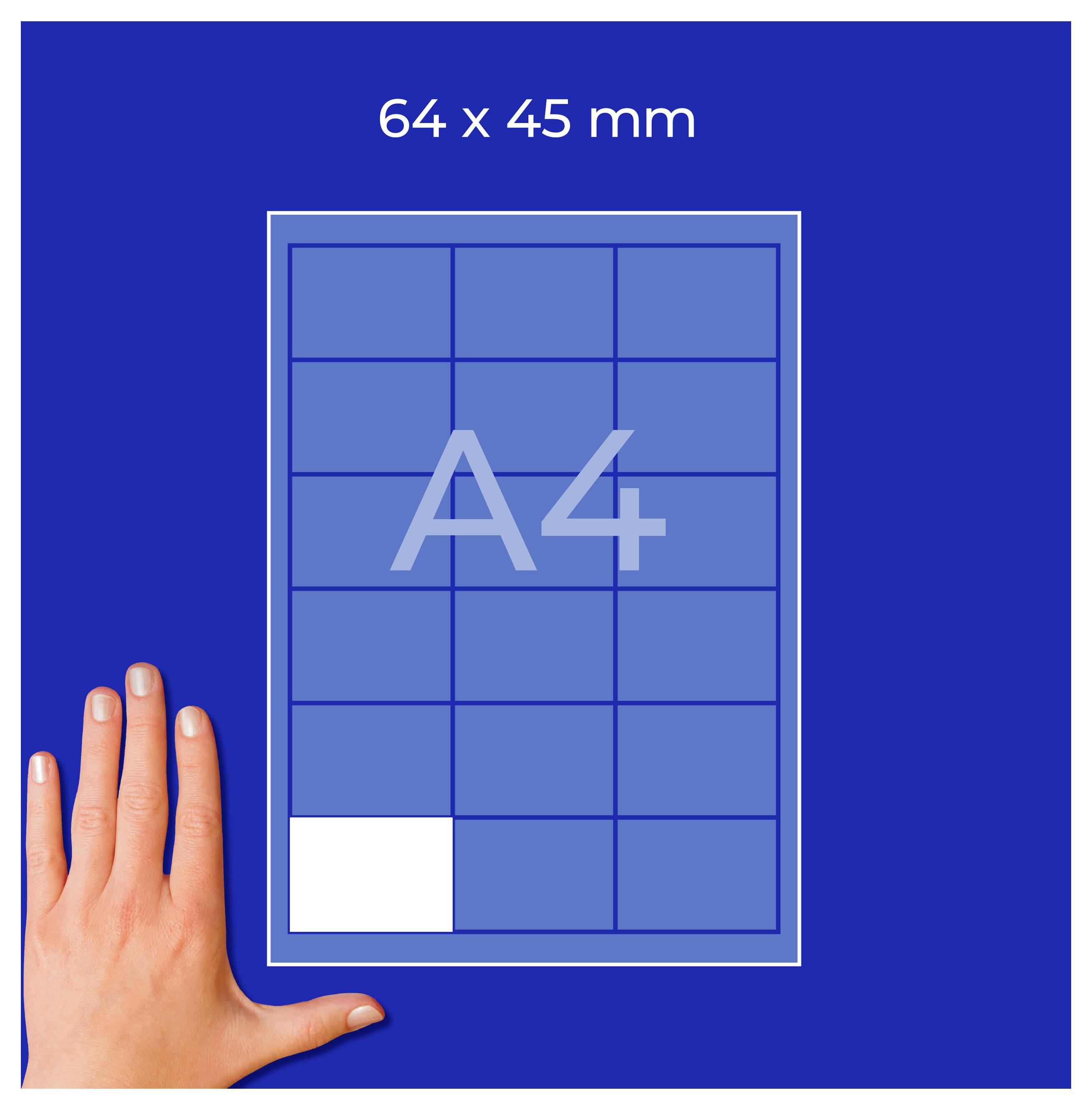 Grafik af papirformatet A4 med målene 64 × 45 mm; et gitter sammenligner formatet, nederst til venstre en hånd som størrelsessammenligning.