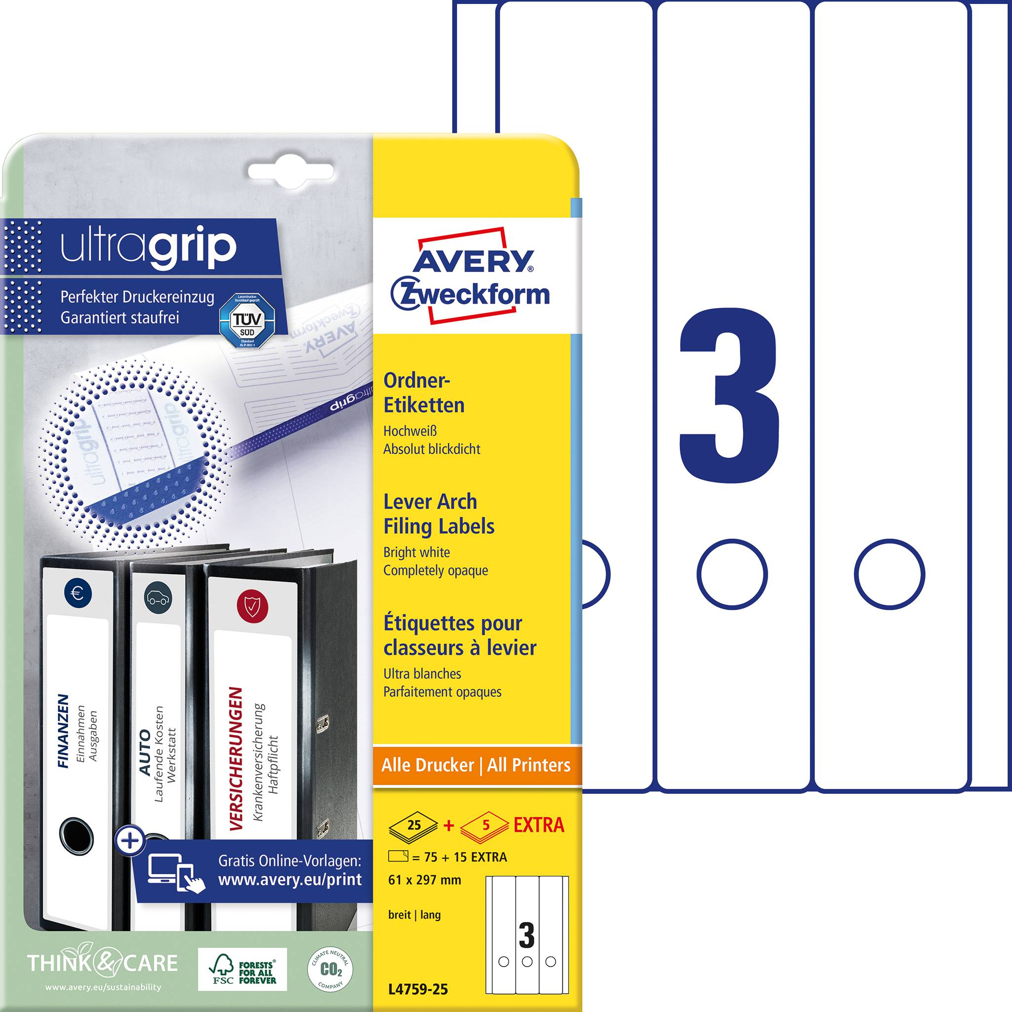 Avery Zweckform arkivmærkater med 'ultragrip' teknologi til støvfri printere. Egnet til alle printere. Størrelse: 61 x 297 mm.