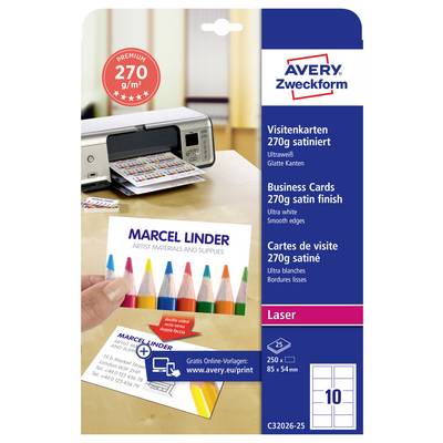 Avery Zweckform premium 270 g/m² satin finish visitkort, pakke med 10, vist med trykt eksempelkort og farveblyanter.