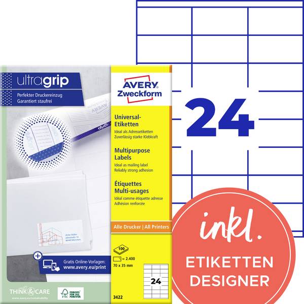 Avery-Zweckform 3422 Universelle etiketter 70 x 35 mm Papir Hvid 2400 stk Permanent vedhæftningsevne Inkjetprinter, Laserprinter, Farvelaserprinter, Kopimaskine, Farvekopimaskine, Håndskrift