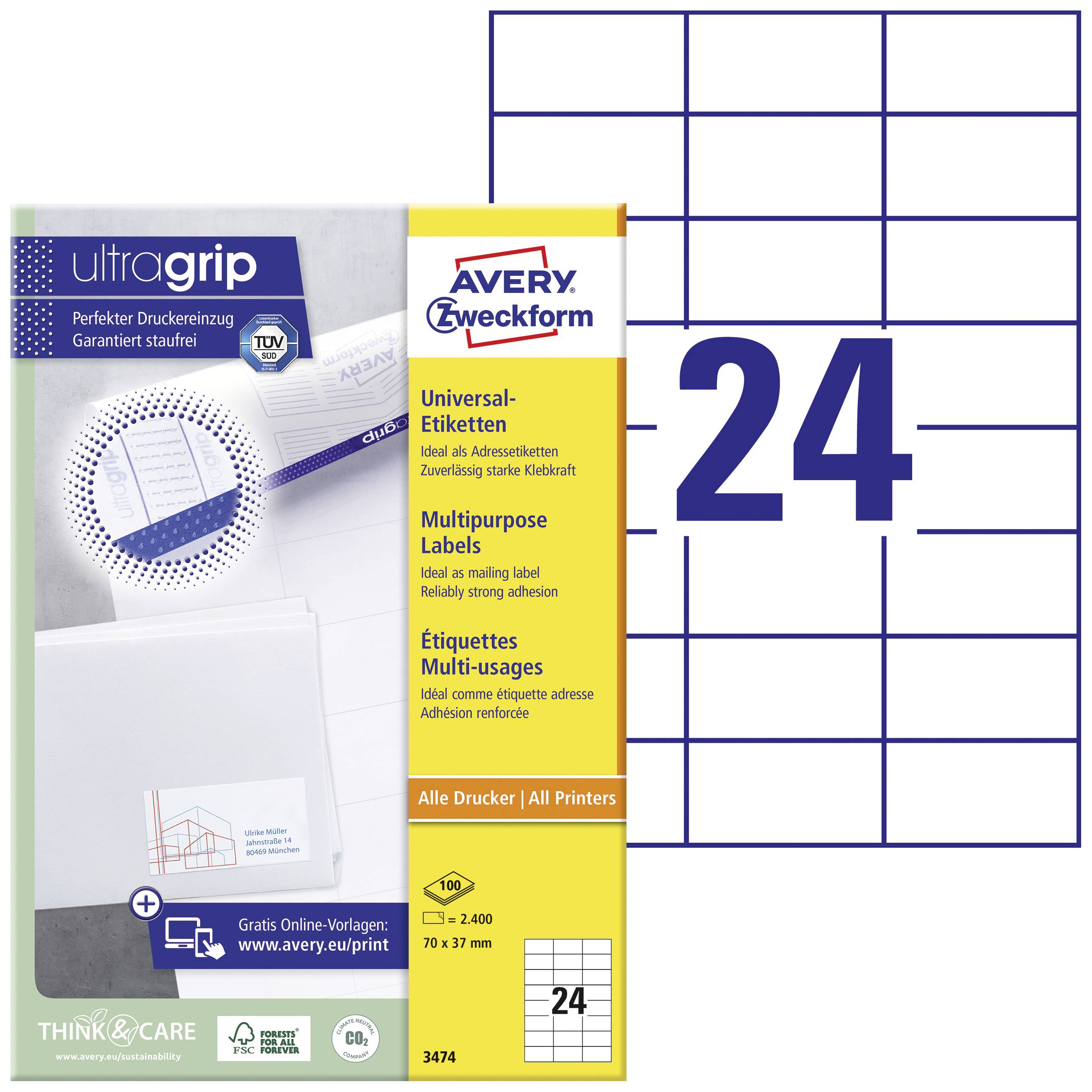 Etiket fra Avery Zweckform, med UltraGrip-teknologi, 24 etiketter pr. ark, velegnet til alle printere.