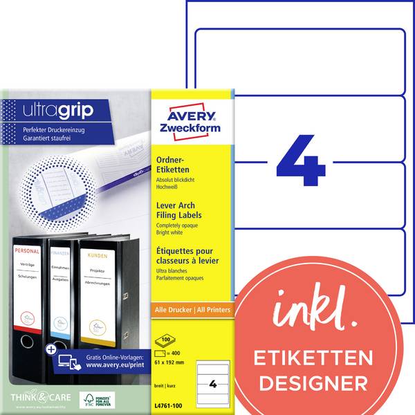 Avery-Zweckform Mappe-etiketter L4761-100 61 x 192 mm Papir Hvid Permanent vedhæftningsevne 400 stk