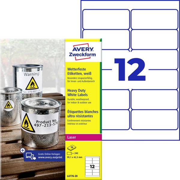 Avery-Zweckform L4776-20 Folielabels 99.1 x 42.3 mm Polyesterfolie Hvid 240 stk Permanent vedhæftningsevne Farvelaserprinter, Laserprinter, Farvekopimaskine, Kopimaskine, Håndskrift