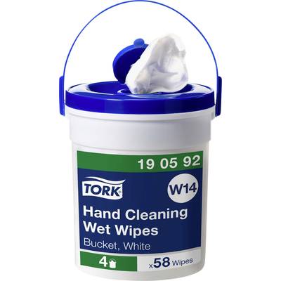 Plastikspand med påtrykt 'Tork Hand Cleaning Wet Wipes'. Indeholder 58 hvide fugtige håndservietter til rengøring.