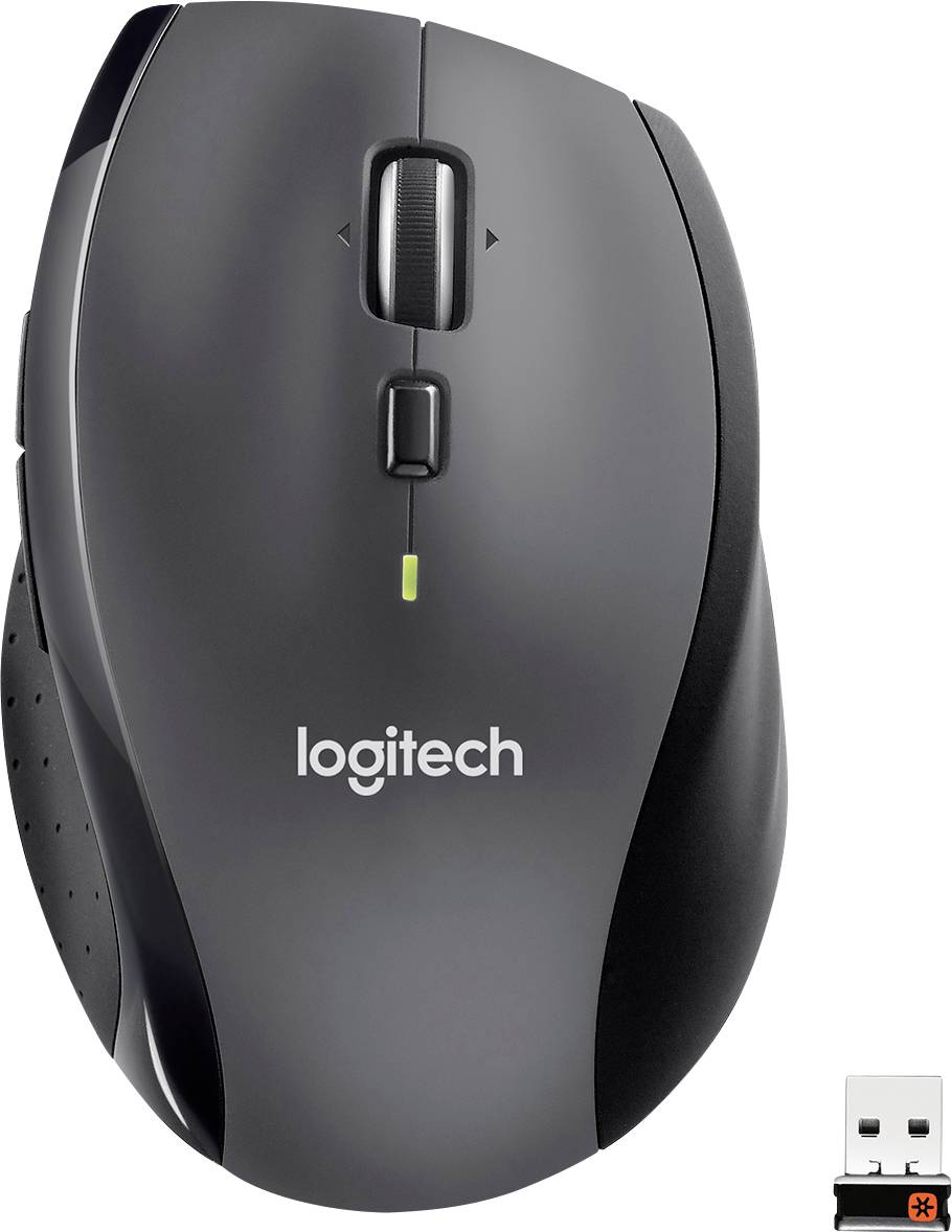 En sort trådløs computermuse med scrollhjul, logotekst 'Logitech' og en USB-modtager ved siden af.