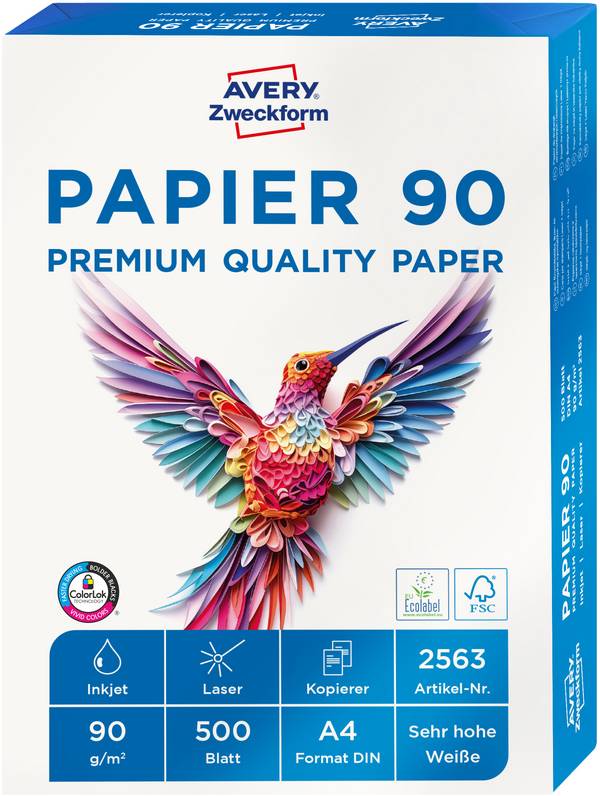 Avery-Zweckform PAPIER 90 Premium Quality Paper 2563   Universal printerpapir kontorpapir DIN A4 90 g/m² 500 Blad Hvid