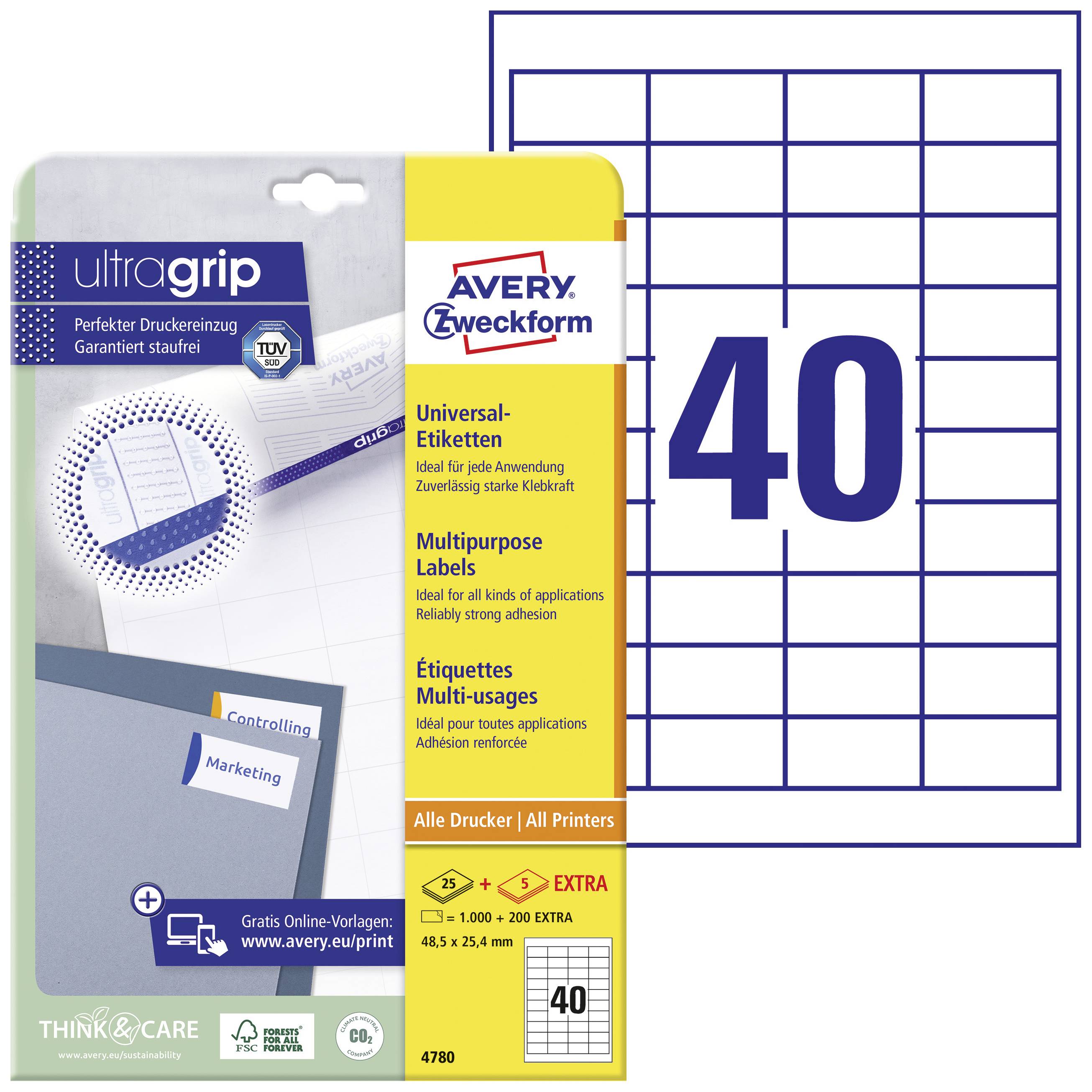 Avery Zweckform universaletiketter med ultragrip, egnet til alle printere. Pakken indeholder 40 etiketter. Inkluderer gratis online-skabeloner.