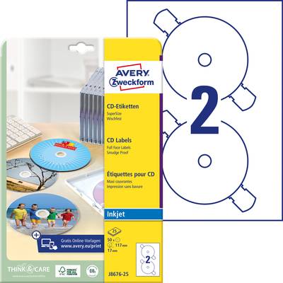 Avery-Zweckform J8676-25 CD-etiketter Ø 117 mm Papir Hvid 50 stk Permanent vedhæftningsevne Inkjetprinter