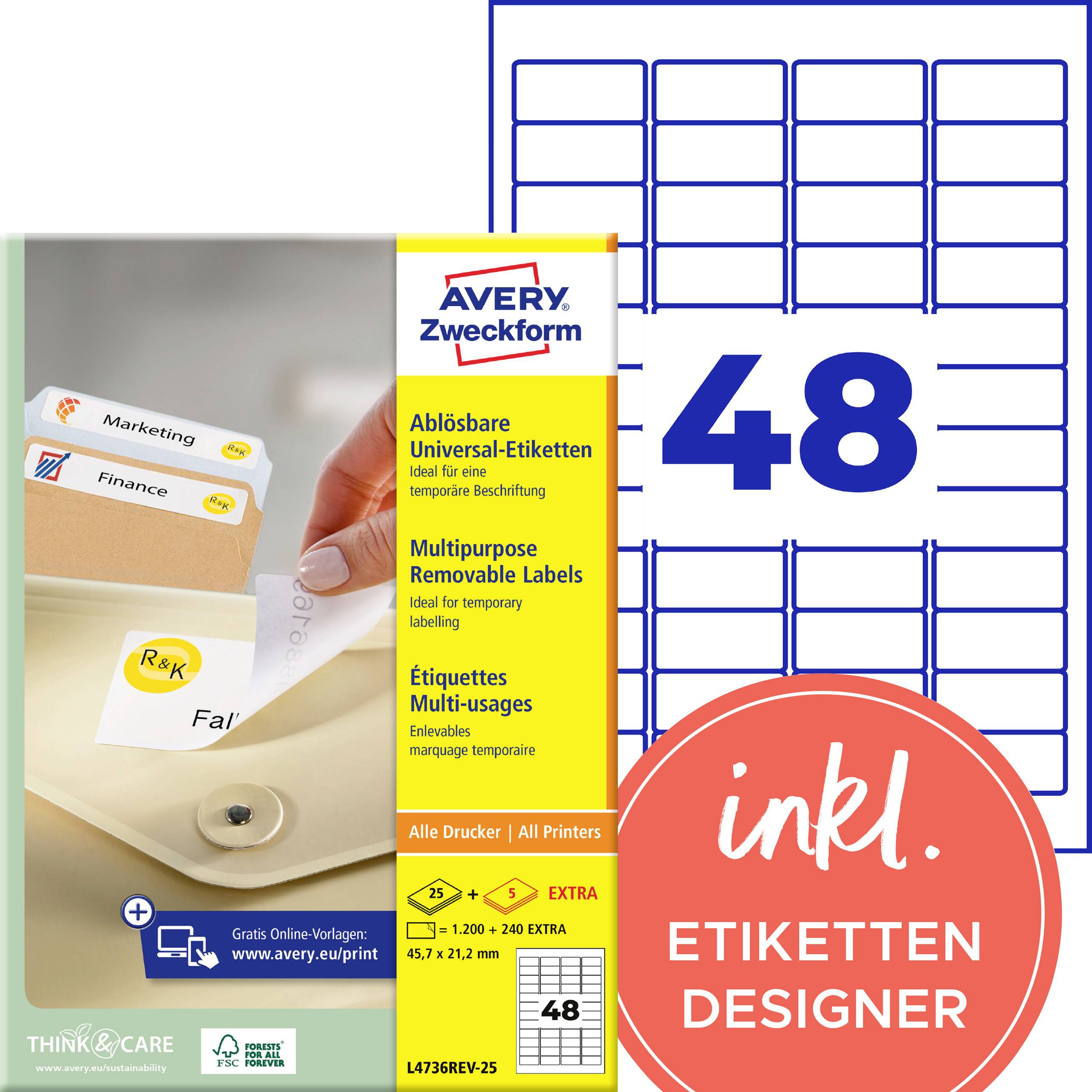 Avery Zweckform etiketsæt med 48 selvklæbende etiketter, universelle aftagelige etiketter til alle printere, med inkluderet etikdetdesigner.