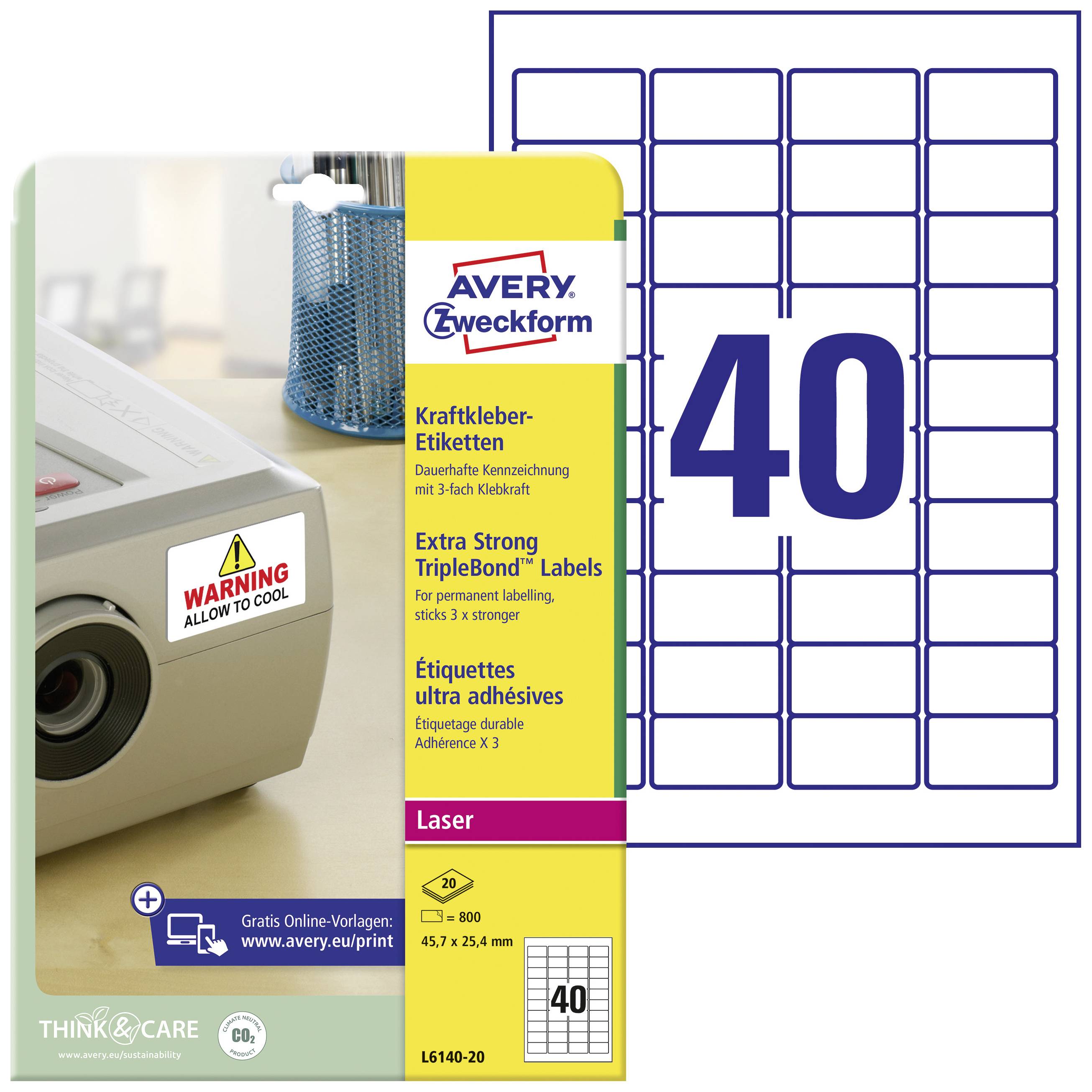Etiketpakning fra Avery Zweckform til stærke selvklæbende etiketter med 40 stk. pr. ark, samt vejledning om at lade hver laserprintere køle af.