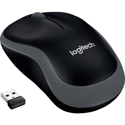 Sort trådløs computermuse med grå detaljer og USB-modtager, fotograferet fra en skrå vinkel ovenfra.