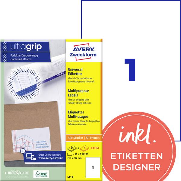 Avery-Zweckform 6119 210 x 297 mm Papir Hvid 30 stk Permanent vedhæftningsevne Universelle etiketter Bläck, Laser, Kopi 30 Blatt DIN A4
